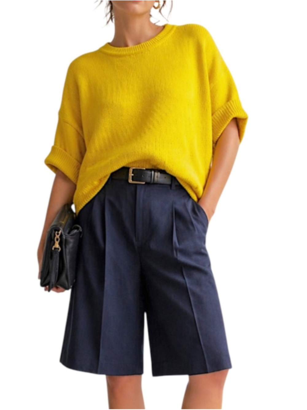 Vintage 90s pure cotton yellow knit slouchy short sleeve minimalist sweater